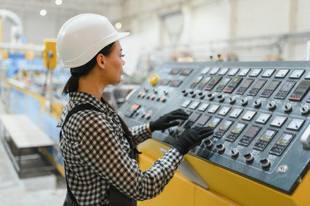 Factory worker managing machinery in a large industrial plant, showcasing expertise and advanced...
