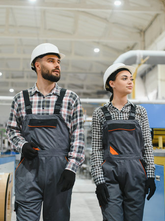 Two factory workers wearing overalls and hard hats walking and discussing work in modern industrial...