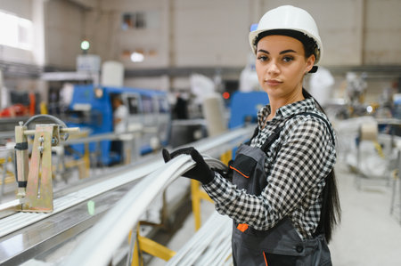 Female factory worker wearing safety helmet and overalls, holding a pvc window frame, working on...