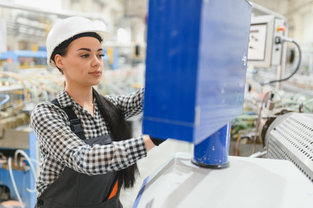 Female factory worker wearing safety helmet operating industrial machinery on a production line