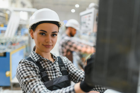 Young female factory worker wearing a hardhat and protective gear, skillfully operating industrial...