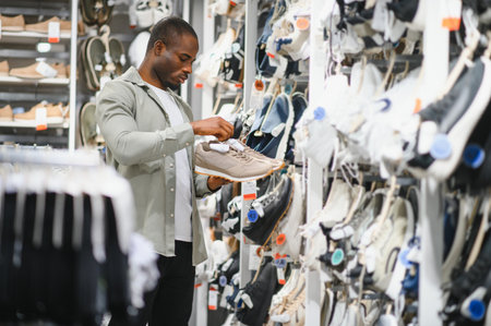 Stylish african american man selecting a pair of trendy beige sneakers while browsing through a shoe store's diverse footwear optionsの写真素材