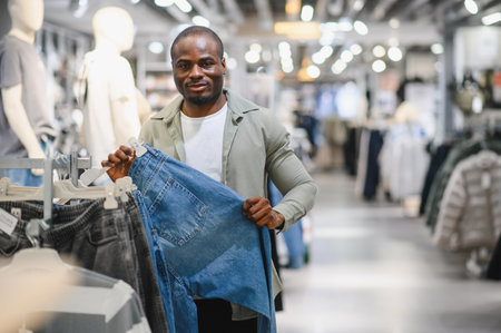 Customer through browsing jeans while shopping in a clothing store, enjoying a casual and trendy...