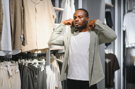 Customer trying on new shirt in a clothing store, enjoying shopping experience and choosing...