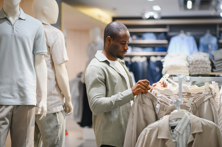 African American man is shopping for new clothes in a retail store, carefully examining various garments on displayの写真素材