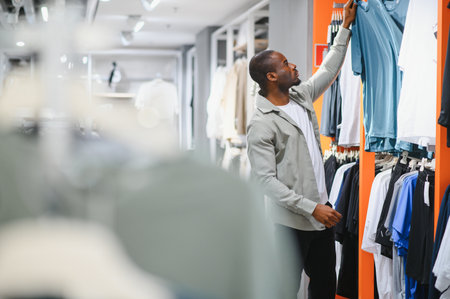 Customer through browsing clothing racks in a retail store, selecting a stylish shirt while enjoying...