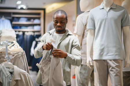 Young, stylish african american man selecting trendy pants while browsing through a clothing store filled with fashionable garmentsの写真素材