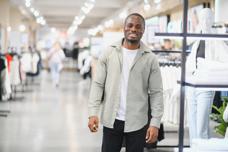 African american man shopping in a mall, choosing stylish clothes. He is focused on finding the...