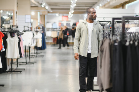 Stylish man walking through a clothing store, browsing through the latest collection of shirts and...