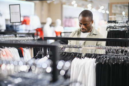 Man shopping in a mall, carefully selecting stylish clothes from racks, showcasing modern fashion...
