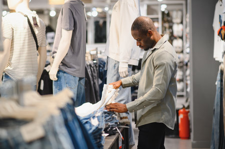 Stylish man browsing through a clothing store, meticulously examining denim for quality and fit...