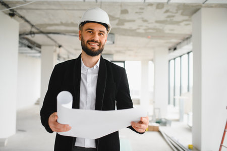 Architect wearing protective helmet and holding blueprints, inspecting construction site of modern...