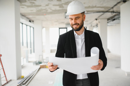 Architect wearing protective helmet analyzing blueprint while standing in building under...