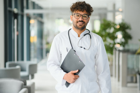 Confident arab doctor wearing white coat and stethoscope holding clipboard while standing in bright...