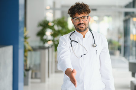 Smiling arab doctor extending hand for handshake, welcoming patient in bright, modern medical clinicの写真素材