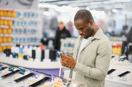 Concentrated african american customer using smartphone choosing mobile phone in electronics store