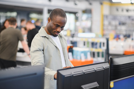 African american man exploring options in a bustling electronics store, focused on selecting the...