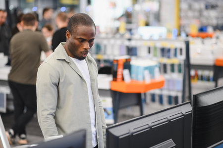 Concentrated african american man browsing through a large electronics store, carefully comparing...