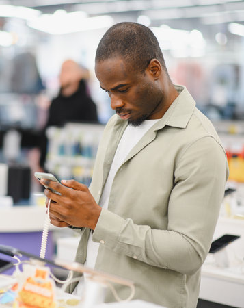 Young african american man trying a new smartphone in an electronics store, exploring features and...