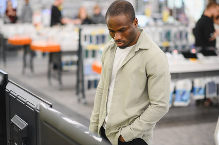 Focused customer choosing a new television in consumer electronics store, shopping for appliances in...