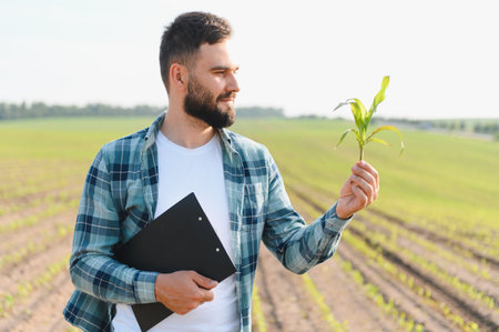Agronomist examining corn sprout while holding clipboard, assessing plant development in agricultural fieldの写真素材