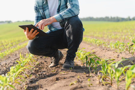 Farmer crouching in corn field using digital tablet, inspecting seedlings and collecting data for...