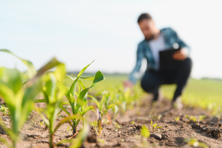 Agronomist crouching in corn field examining crops, holding tablet, assessing growth and health of...