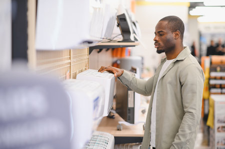 Man selecting portable air conditioner in appliance store, shopping for home cooling solutions