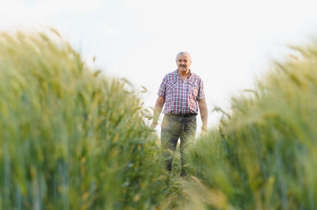 Senior agronomist walking along a path in a lush green wheat field, carefully inspecting and...