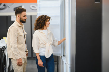 Young couple choosing new refrigerator in a home appliance store, woman opening refrigerator door, checking its features and capacityの写真素材