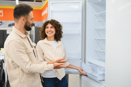 Couple examines a refrigerator in an electronics store, discussing features and options while considering a purchase for their homeの写真素材
