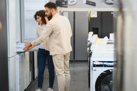 Couple examining refrigerators in an electronics store, making purchasing decisions for their home appliancesの写真素材
