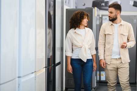 Couple explores an electronics store, discussing and selecting home appliances. They appear focused on making an informed purchase decisionの写真素材