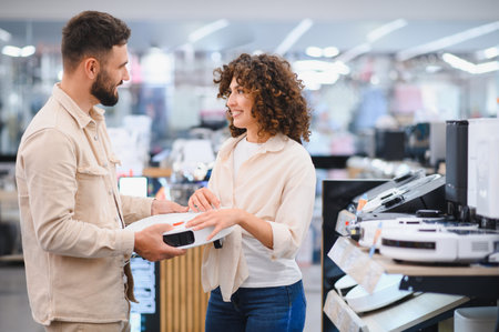 Young couple choosing a new robotic vacuum cleaner in an electronics store, smiling and discussing their purchaseの写真素材