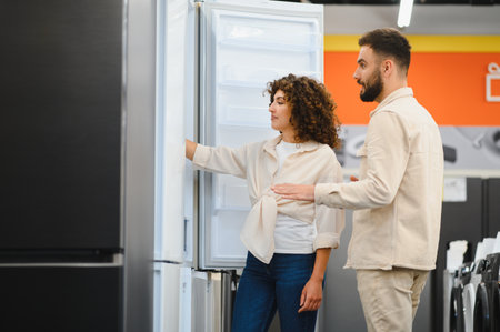 Young couple choosing new refrigerator in electronics store, examining features and discussing purchase options for their homeの写真素材