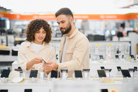 Young couple examining the latest smartphone while shopping together in a modern electronics store,...