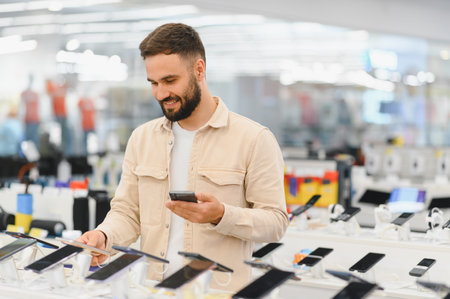 Smiling customer comparing new smartphones and reading reviews on his phone in an electronics store