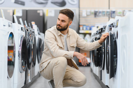 Bearded man crouching, selecting new washing machine in appliance store, examining features before purchaseの写真素材