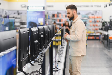 Bearded man comparing various new televisions on display in a consumer electronics store, evaluating options for home entertainmentの写真素材