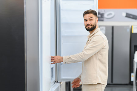 Bearded man opening refrigerator door, shopping for new kitchen appliance in home appliance storeの写真素材