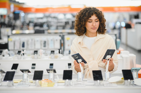 Woman comparing two smartphones while shopping in consumer electronics store, choosing the best...