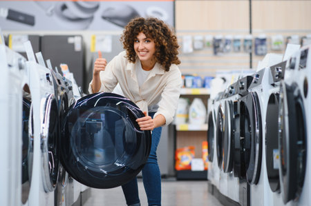 Smiling woman giving a thumbs up while selecting a washing machine in a bright, modern home appliance store, showcasing her satisfactionの写真素材