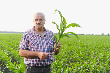 Senior farmer holding and examining a young corn plant in a cultivated field, demonstrating...