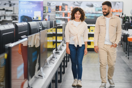 Young couple walking through a consumer electronics store, selecting a new television while discussing features and options togetherの写真素材