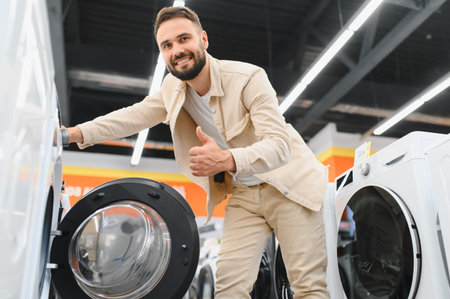 Happy customer giving a thumbs up while selecting a new washing machine in an electronics store,...