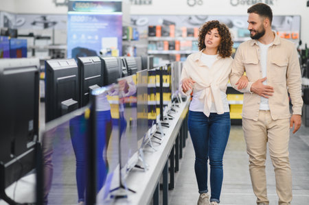 Couple walks through an electronics store, exploring options for a new TV among various home...