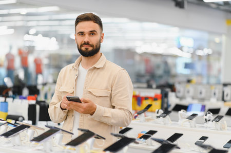 Bearded man browsing smartphones while selecting a new mobile phone in an electronics store filled...