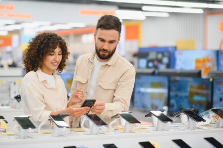 Young couple comparing various smartphones while selecting the best option in a consumer electronics...