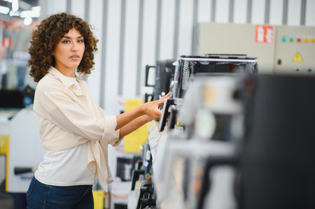 Young woman comparing microwave ovens, shopping for kitchen appliances in a home appliance store
