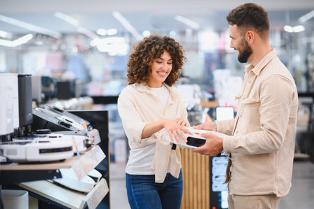 Smiling couple choosing a new robot vacuum cleaner in an electronics store, shopping for home...